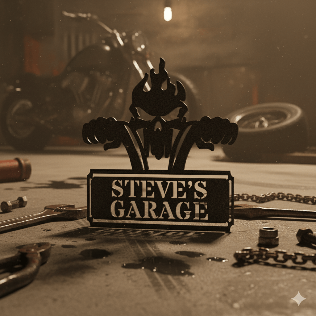 Custom Personalized Garage Metal Sign – Skull & Pistons Wall Art for Mechanics