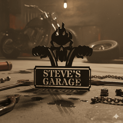 Custom Personalized Garage Metal Sign – Skull & Pistons Wall Art for Mechanics