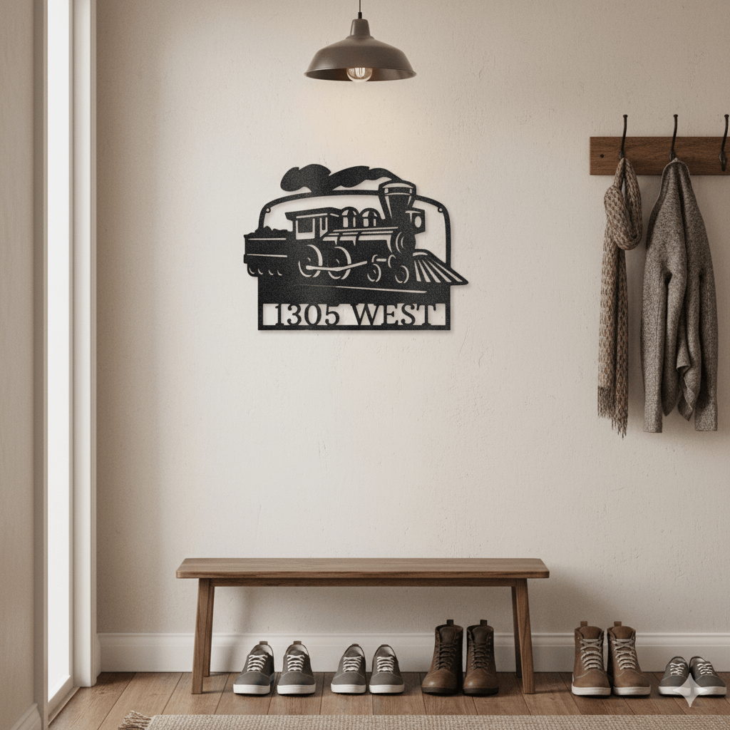 Custom Train Address Metal Sign – Custom House Number Steam Engine Wall Art