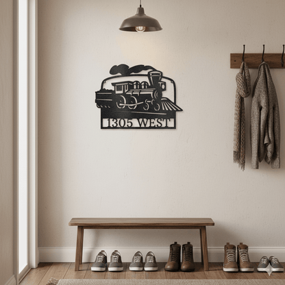 Custom Train Address Metal Sign – Custom House Number Steam Engine Wall Art
