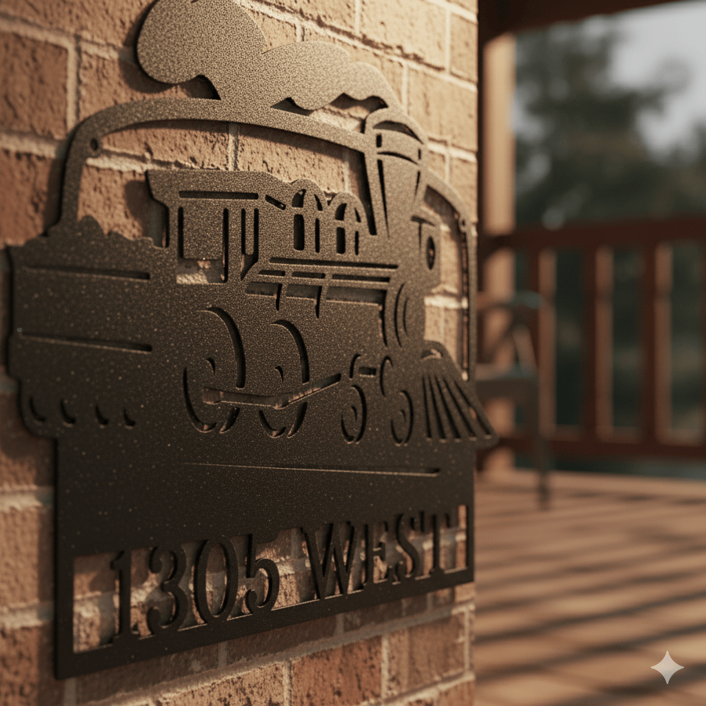Custom Train Address Metal Sign – Custom House Number Steam Engine Wall Art
