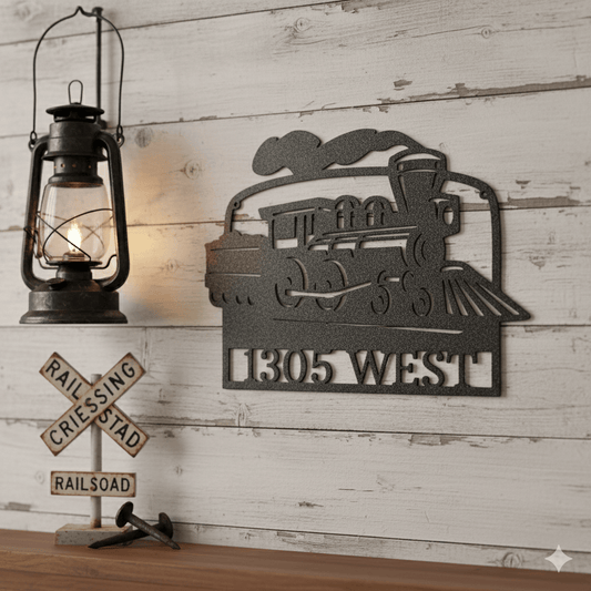 Custom Train Address Metal Sign – Custom House Number Steam Engine Wall Art