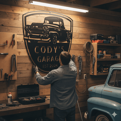 Dad’s Garage Metal Sign – 1958 Chevy Apache 3100 Personalized Vintage Pickup Wall Art