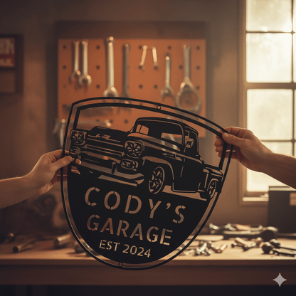 Dad’s Garage Metal Sign – 1958 Chevy Apache 3100 Personalized Vintage Pickup Wall Art