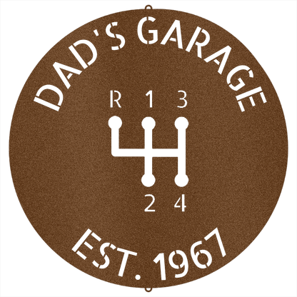 Copper / 12 Dad’s Garage Metal Sign – Custom Gear Shift Wall Art for Car Lovers & Mechanics