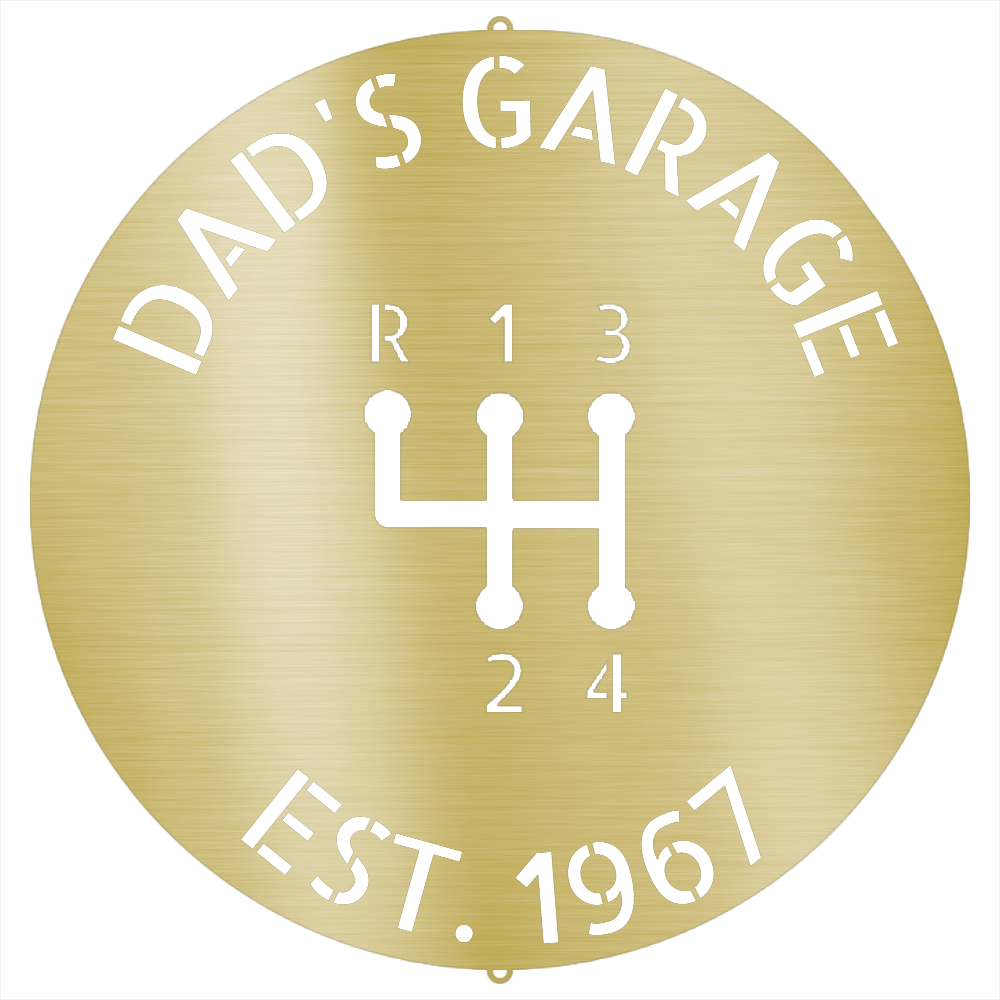 Gold / 12 Dad’s Garage Metal Sign – Custom Gear Shift Wall Art for Car Lovers & Mechanics