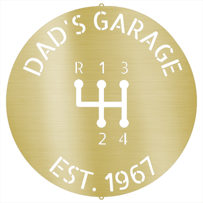 Gold / 12 Dad’s Garage Metal Sign – Custom Gear Shift Wall Art for Car Lovers & Mechanics