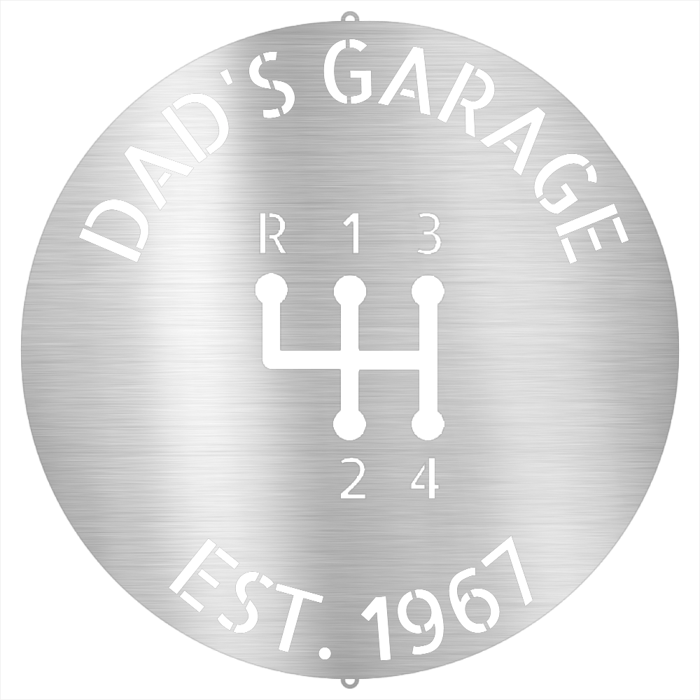 Silver / 12 Dad’s Garage Metal Sign – Custom Gear Shift Wall Art for Car Lovers & Mechanics