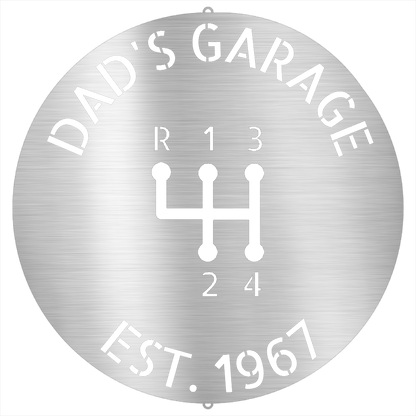Silver / 12 Dad’s Garage Metal Sign – Custom Gear Shift Wall Art for Car Lovers & Mechanics