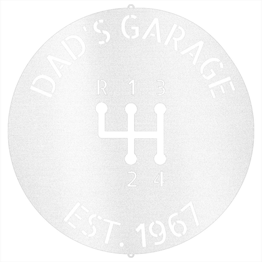 White / 12 Dad’s Garage Metal Sign – Custom Gear Shift Wall Art for Car Lovers & Mechanics