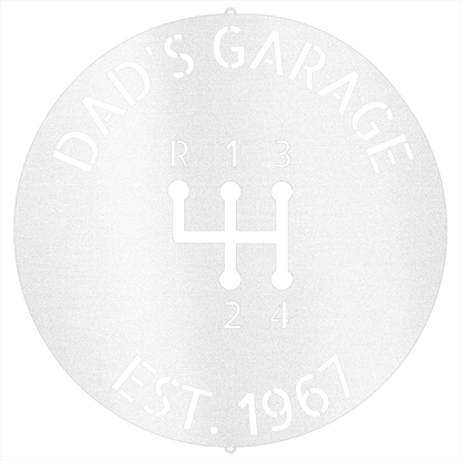 White / 12 Dad’s Garage Metal Sign – Custom Gear Shift Wall Art for Car Lovers & Mechanics