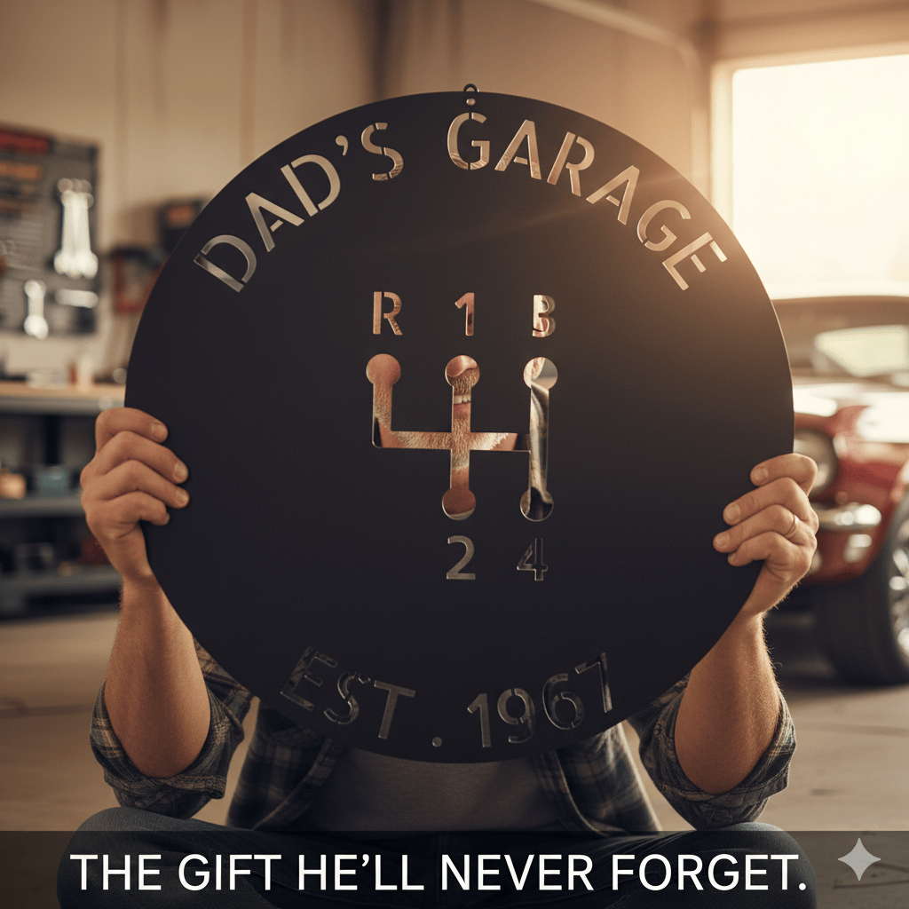 Dad’s Garage Metal Sign – Custom Gear Shift Wall Art for Car Lovers & Mechanics