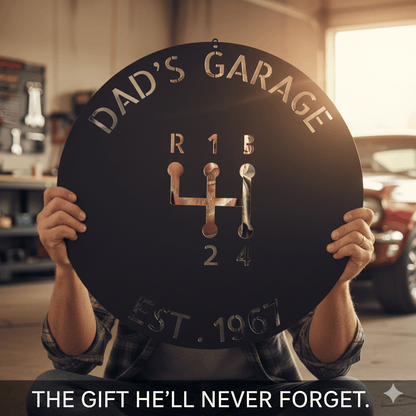 Dad’s Garage Metal Sign – Custom Gear Shift Wall Art for Car Lovers & Mechanics
