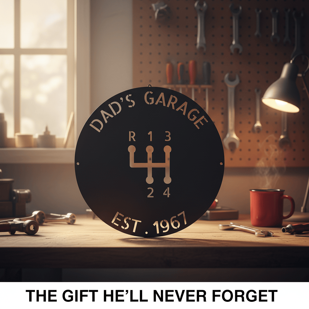 Dad’s Garage Metal Sign – Custom Gear Shift Wall Art for Car Lovers & Mechanics