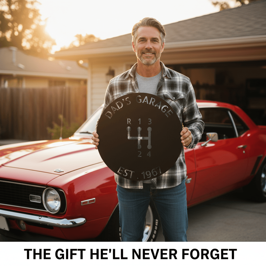 Dad’s Garage Metal Sign – Custom Gear Shift Wall Art for Car Lovers & Mechanics