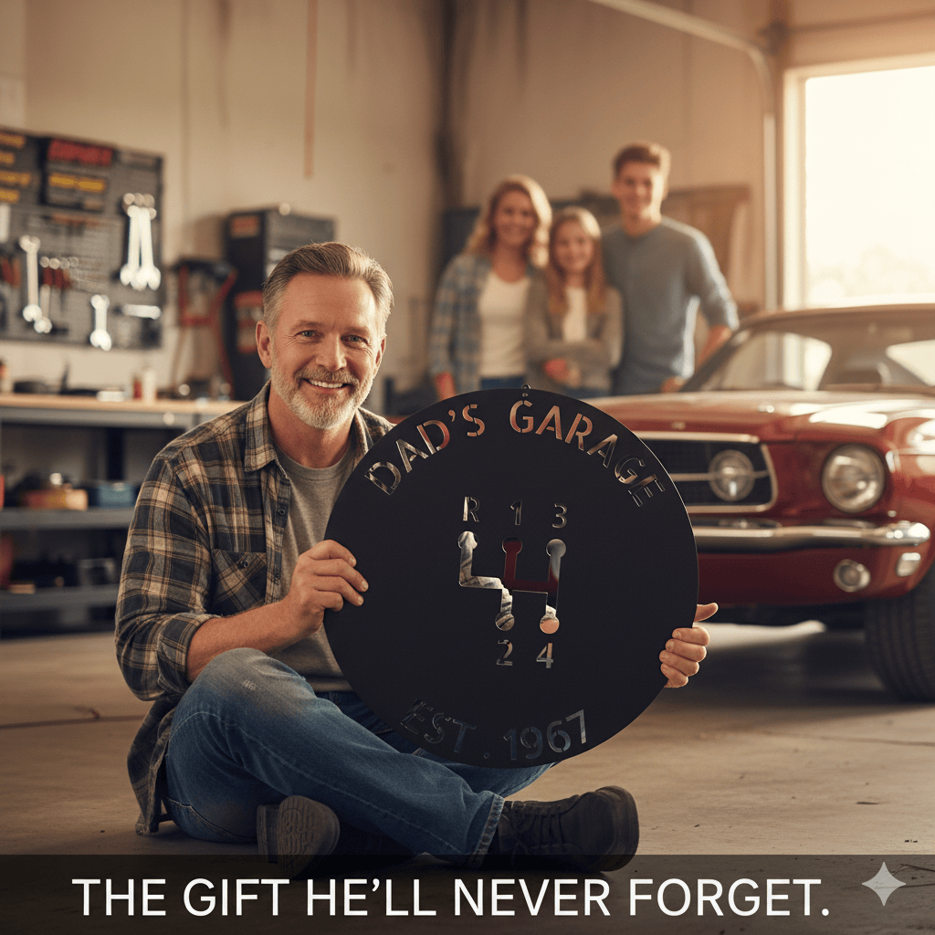 Dad’s Garage Metal Sign – Custom Gear Shift Wall Art for Car Lovers & Mechanics