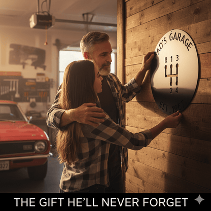 Dad’s Garage Metal Sign – Custom Gear Shift Wall Art for Car Lovers & Mechanics