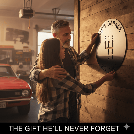 Dad’s Garage Metal Sign – Custom Gear Shift Wall Art for Car Lovers & Mechanics