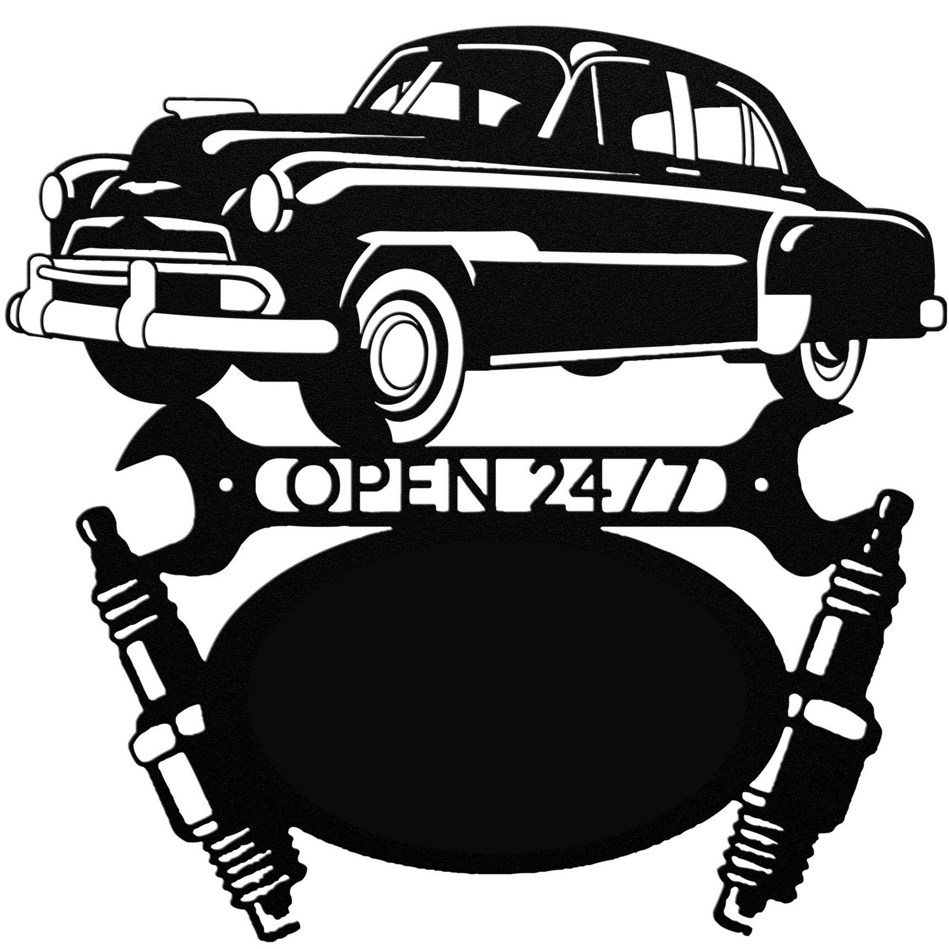 a black and white image of a car with the words open 47 on it