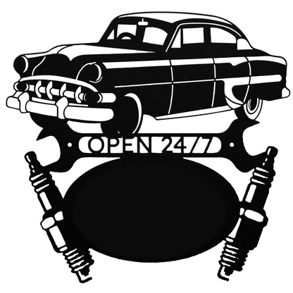 a black and white image of a car with the word open on it