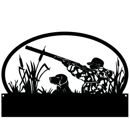 a black and white silhouette of a hunter and his dog