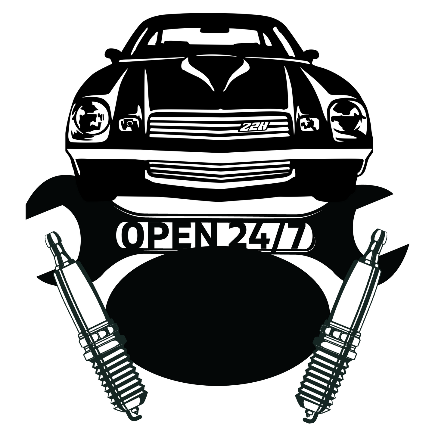 a black and white picture of a car with the words open 2477 on it