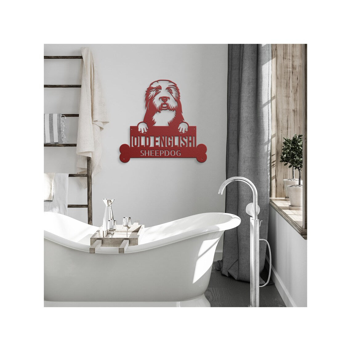 This Personalized Old English Sheepdog Sign features an Old English Sheepdog.