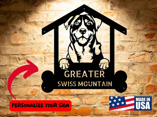 This Personalized GREATER SWISS MOUNTAIN Dog Wall Decor features a house sign for Greater Swiss Mountain dog owners. It serves as a perfect home decor piece for enthusiasts of this beautiful breed.