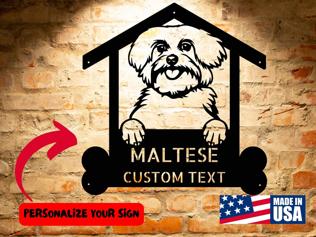A wooden door with a Unique Custom Maltese Dog Sign | Personalized Steel Monogram Wall Art on it.