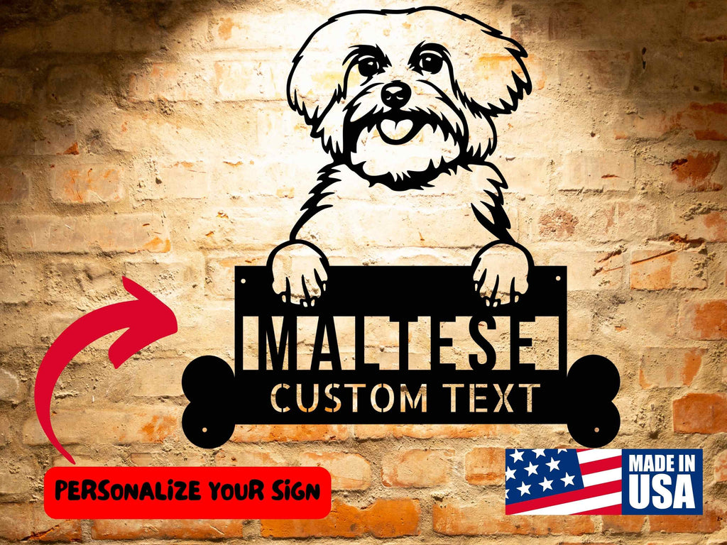 A wooden door with a Personalized Maltese Dog Sign | Custom Steel Monogram Wall Art next to it.