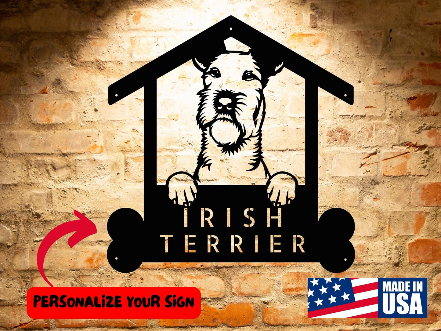 A wooden door with a Personalized Irish Terrier Sign | Custom Dog Breed Steel Monogram Wall Art | Customized Pet Welcome Sign Home Decor on it.