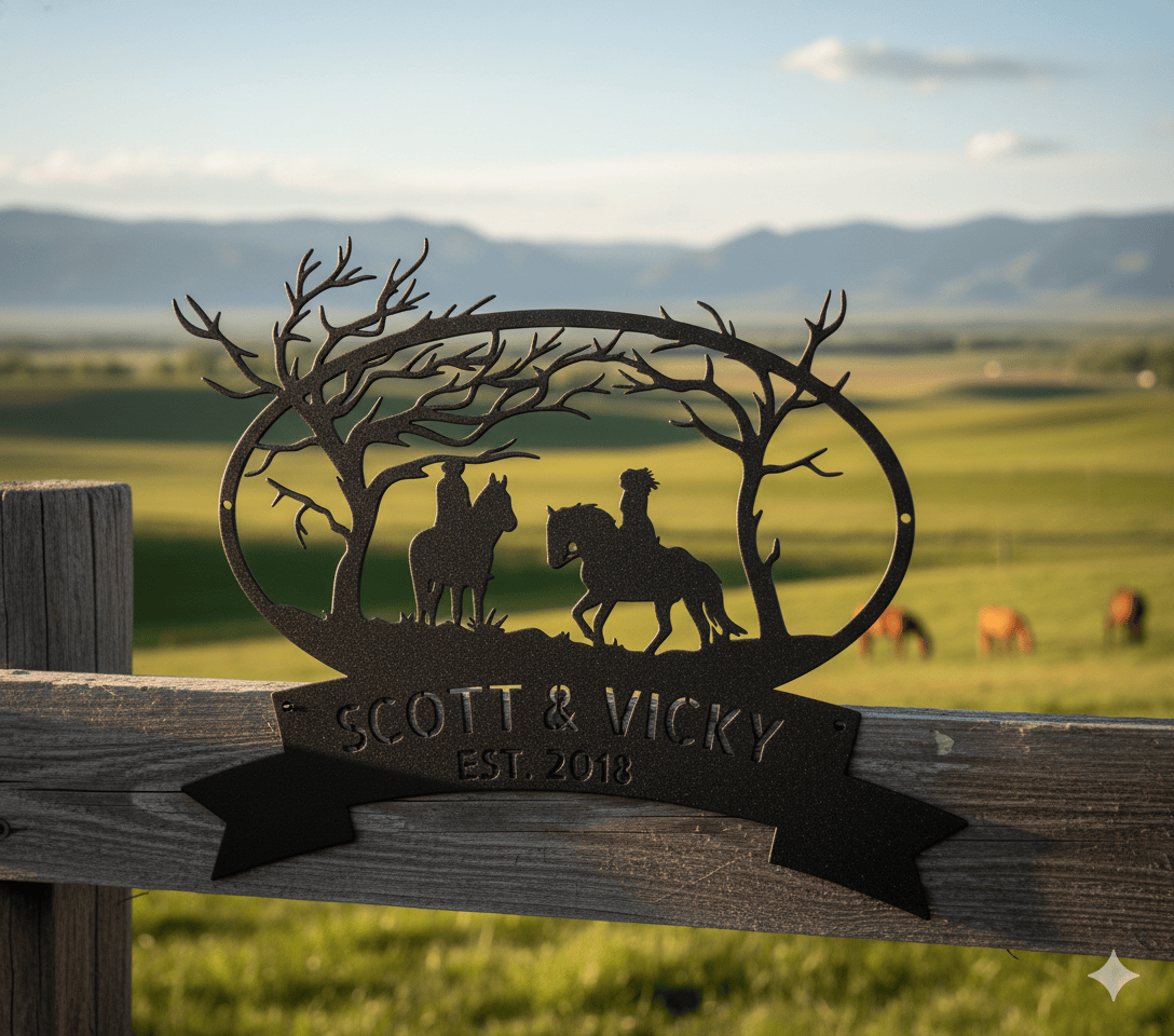 Black / 12 Personalized Horse Couple Metal Sign – Rustic Western Wall Art