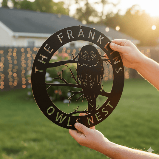 Personalized Owl Monogram Metal Sign – Custom Last Name Wall Art
