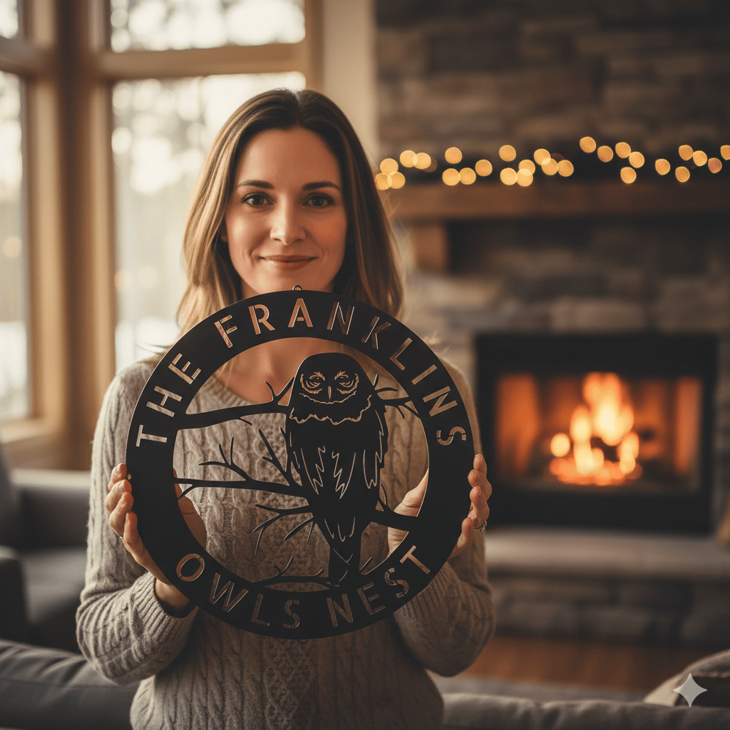 Personalized Owl Monogram Metal Sign – Custom Last Name Wall Art