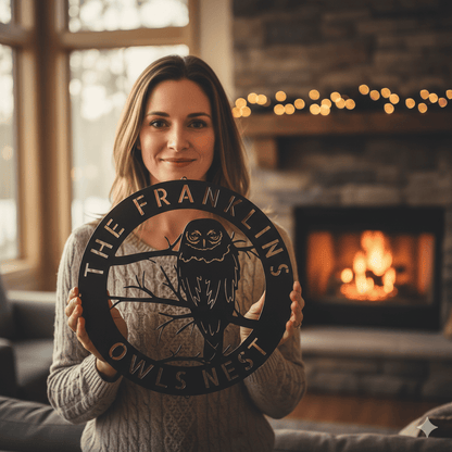 Personalized Owl Monogram Metal Sign – Custom Last Name Wall Art