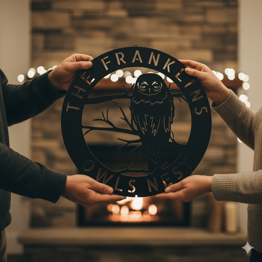 Personalized Owl Monogram Metal Sign – Custom Last Name Wall Art