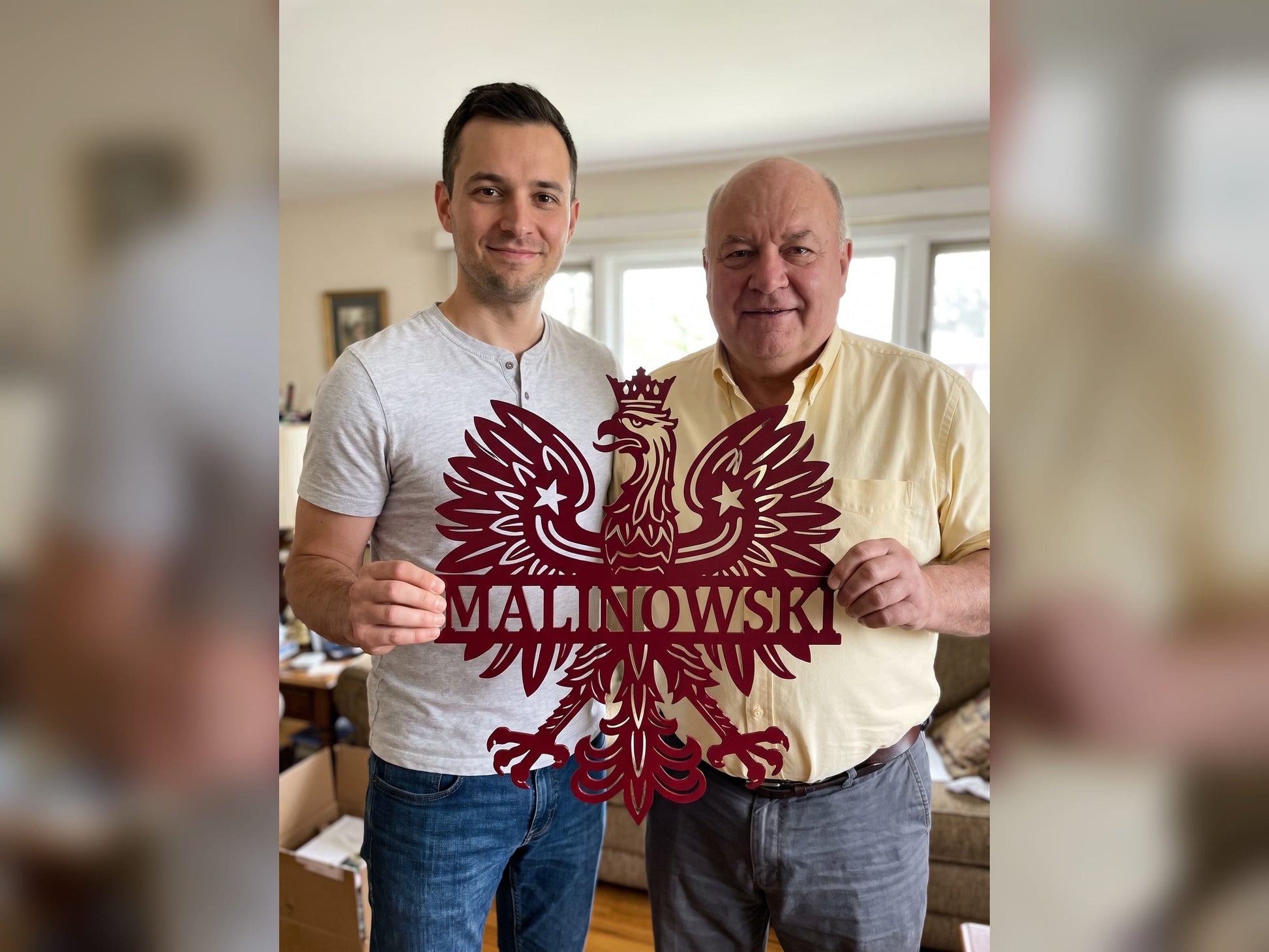 Son giving his father a red Polish eagle last name sign, MALINOWSKI, a Polish heritage gift