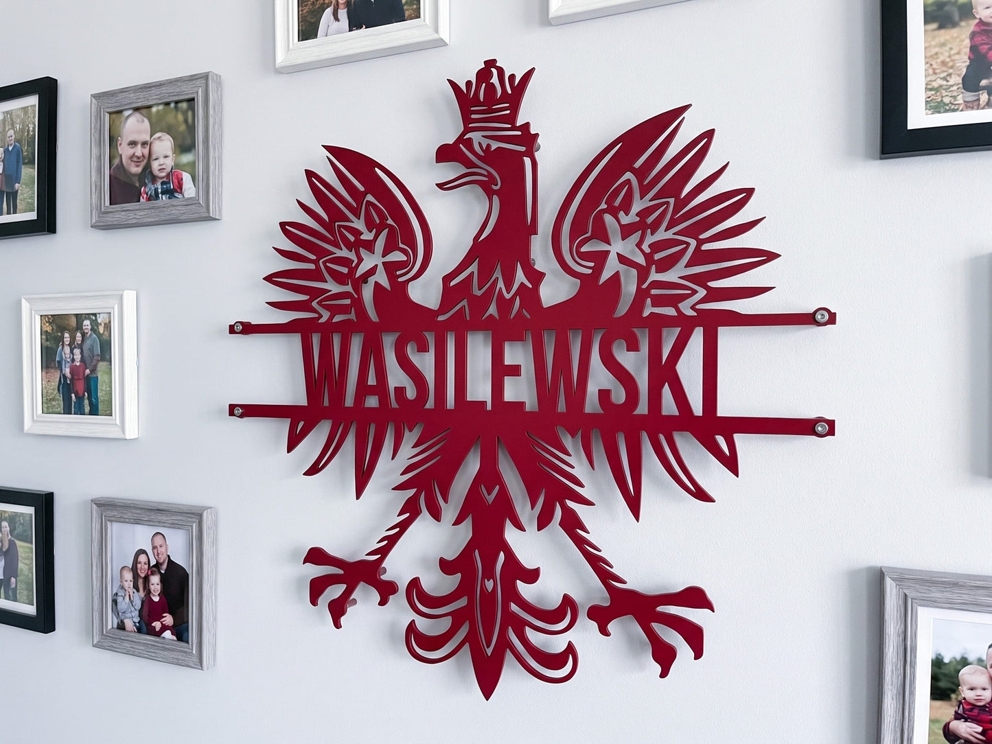 Red Polish eagle name sign WASILEWSKI on a family photo wall, personalized metal wall art
