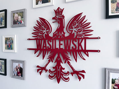 Red Polish eagle name sign WASILEWSKI on a family photo wall, personalized metal wall art