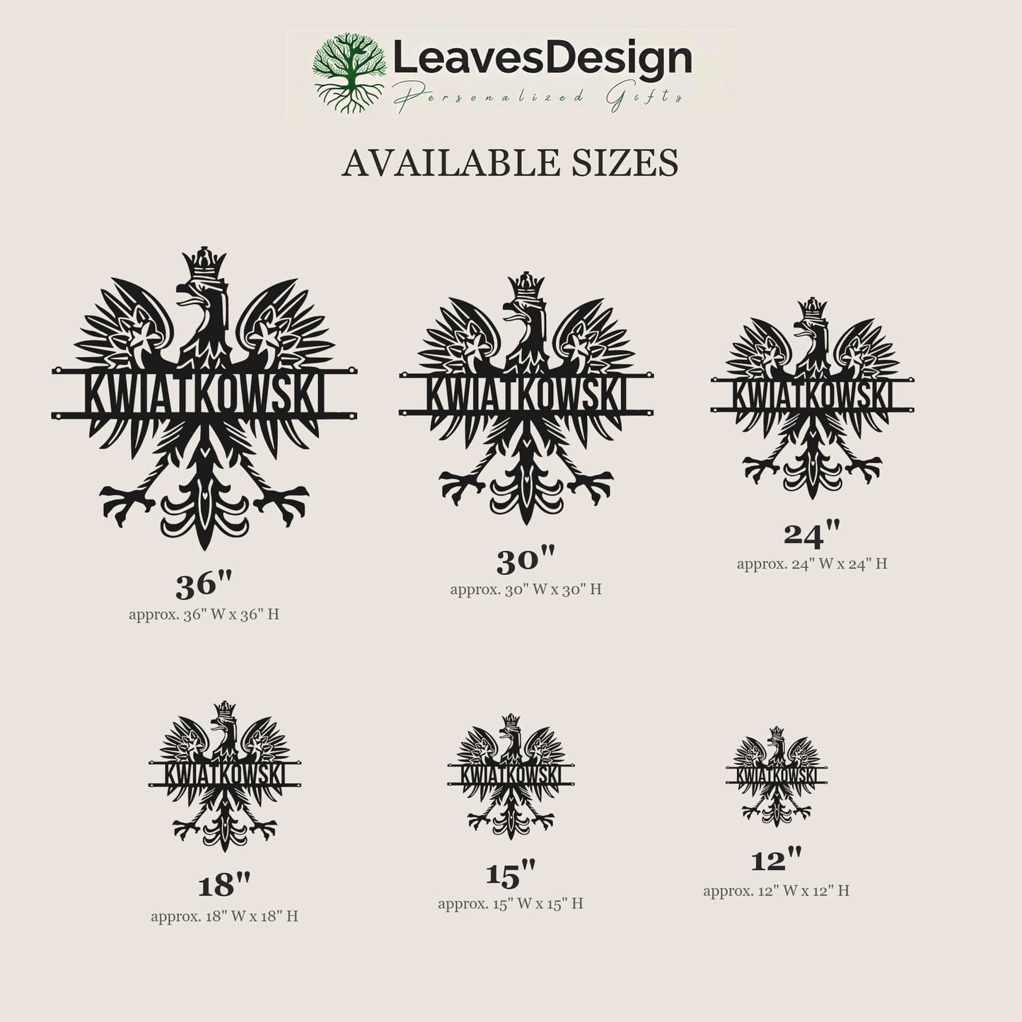 Polish eagle name sign size chart, six sizes from 12 to 36 inches