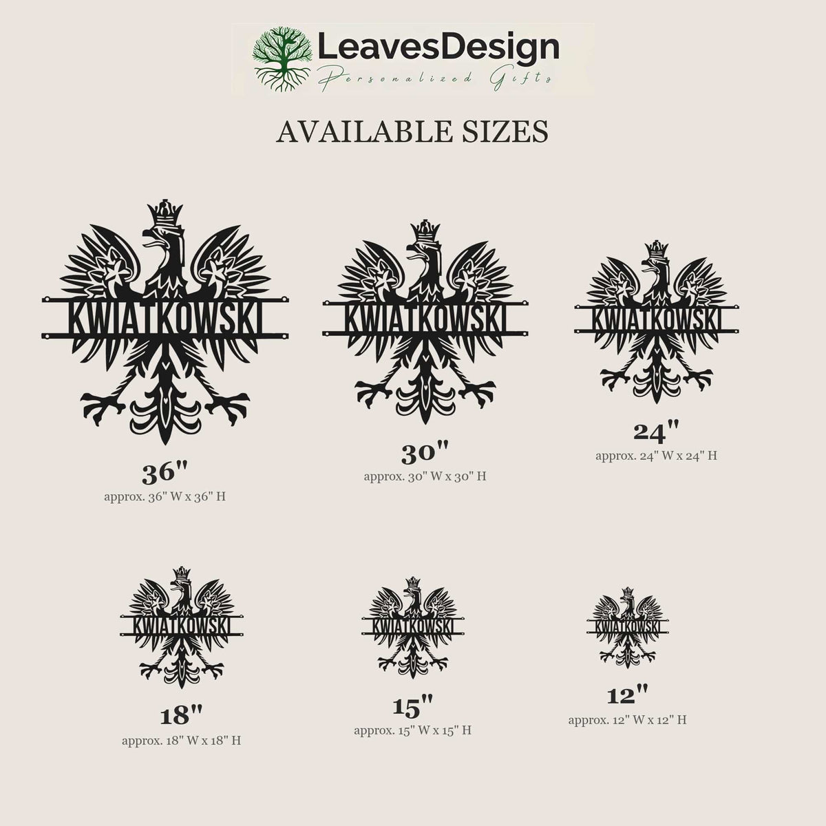 Polish eagle name sign size chart, six sizes from 12 to 36 inches