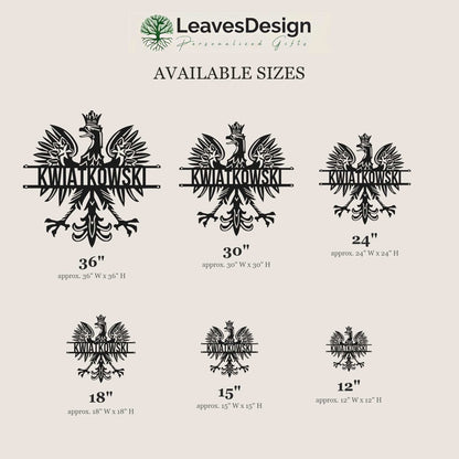 Polish eagle name sign size chart, six sizes from 12 to 36 inches