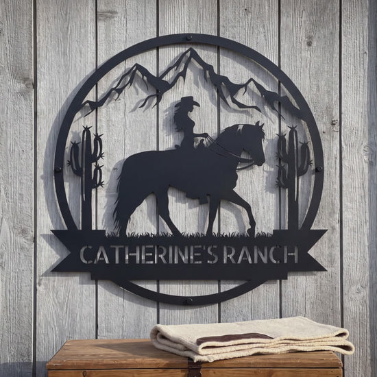 Personalized cowgirl ranch metal sign video: the laser-cut steel sign with your name on the banner, shown on the wall