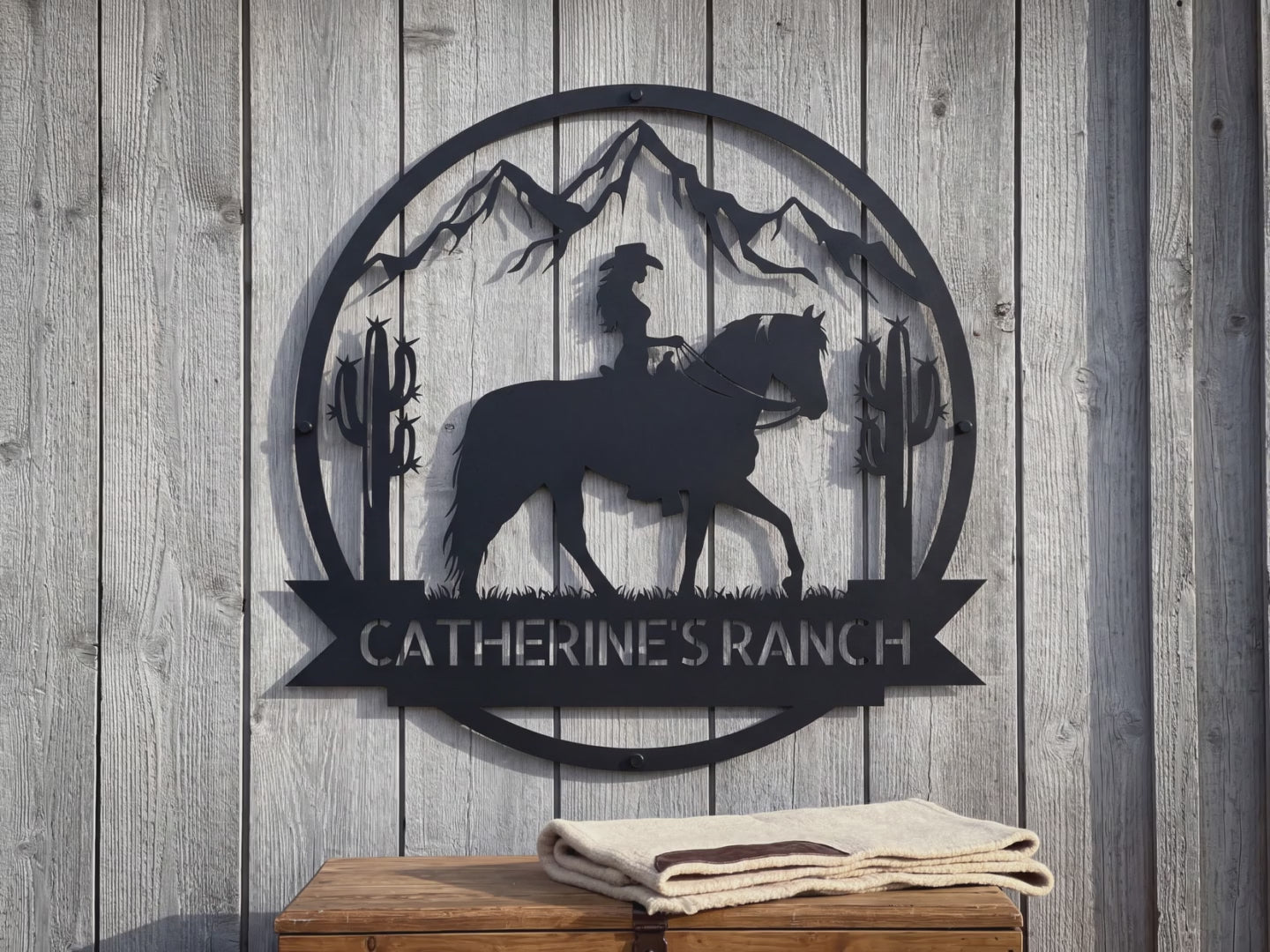 Personalized cowgirl ranch metal sign video: the laser-cut steel sign with your name on the banner, shown on the wall