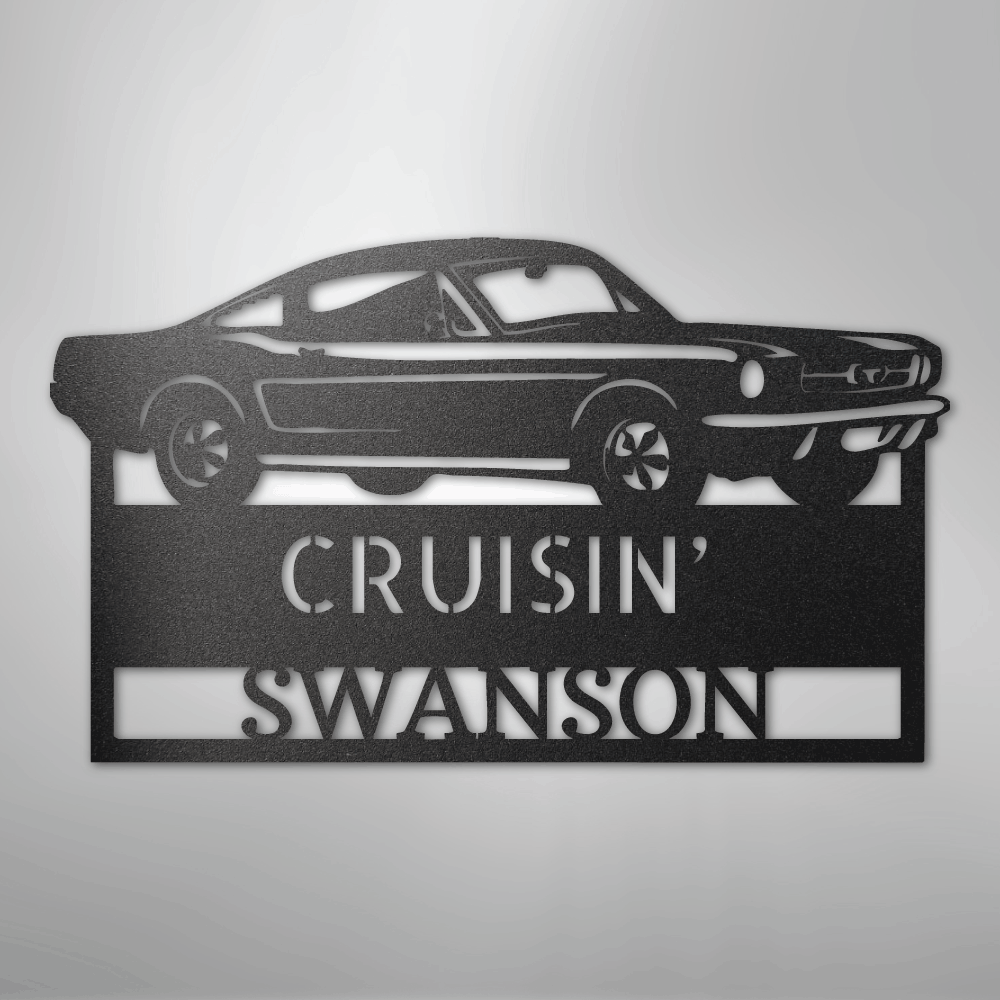 Steel Sign Black / 12" 1967–1968 Mustang Fastback Metal Wall Art – Personalized Cruisin’ Name Garage Sign