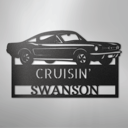 Steel Sign Black / 12" 1967–1968 Mustang Fastback Metal Wall Art – Personalized Cruisin’ Name Garage Sign