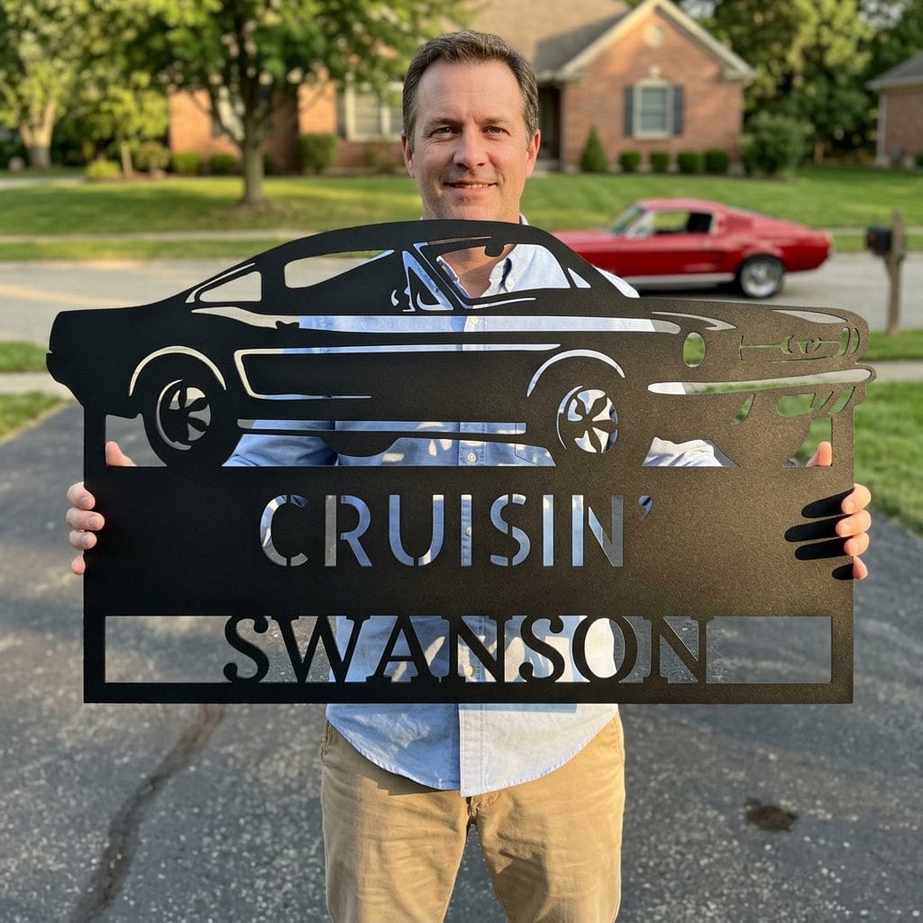 Personalized 1967–1968 Mustang Fastback steel garage sign — custom metal wall art by Leaves Design