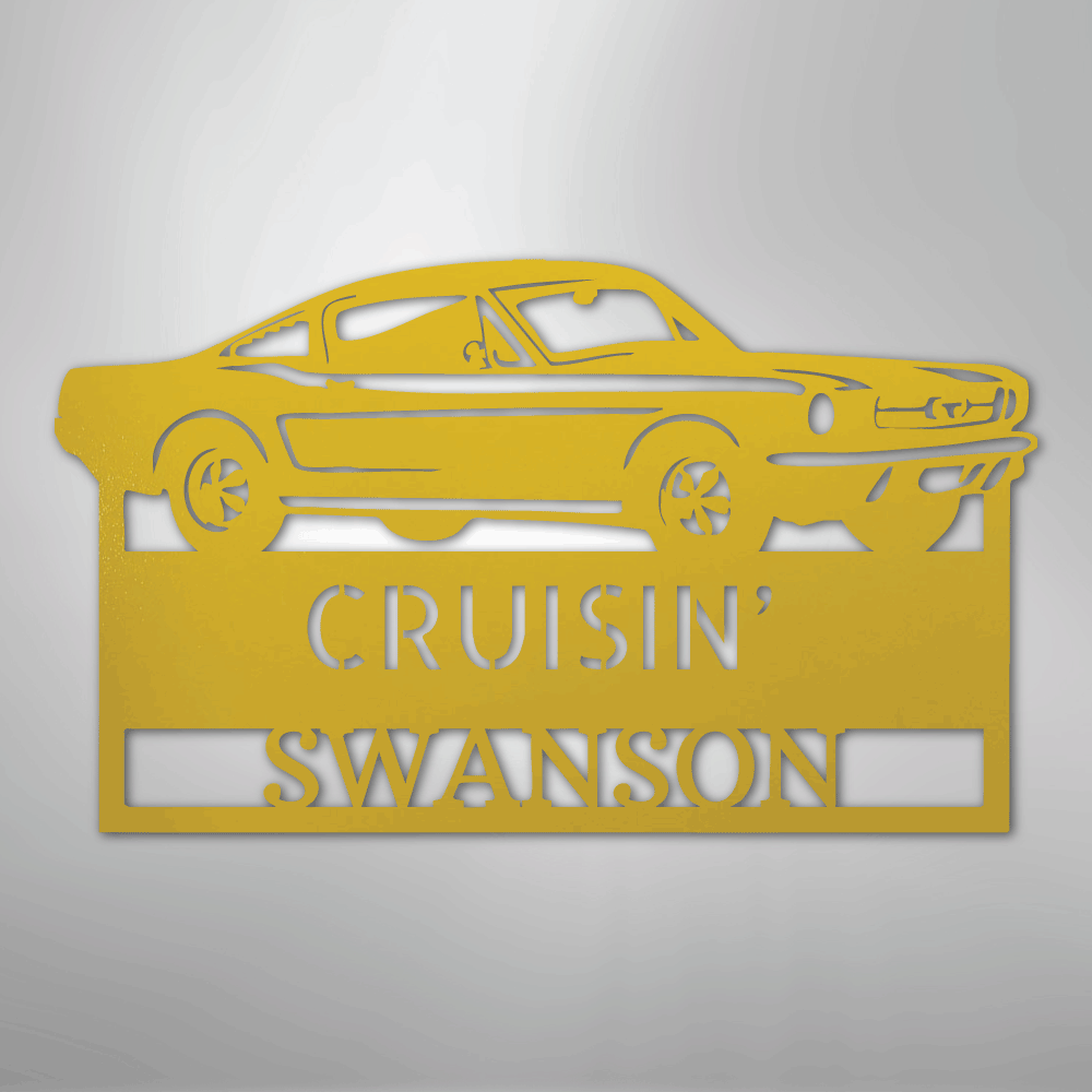 Steel Sign Yellow / 24" 1967–1968 Mustang Fastback Metal Wall Art – Personalized Cruisin’ Name Garage Sign