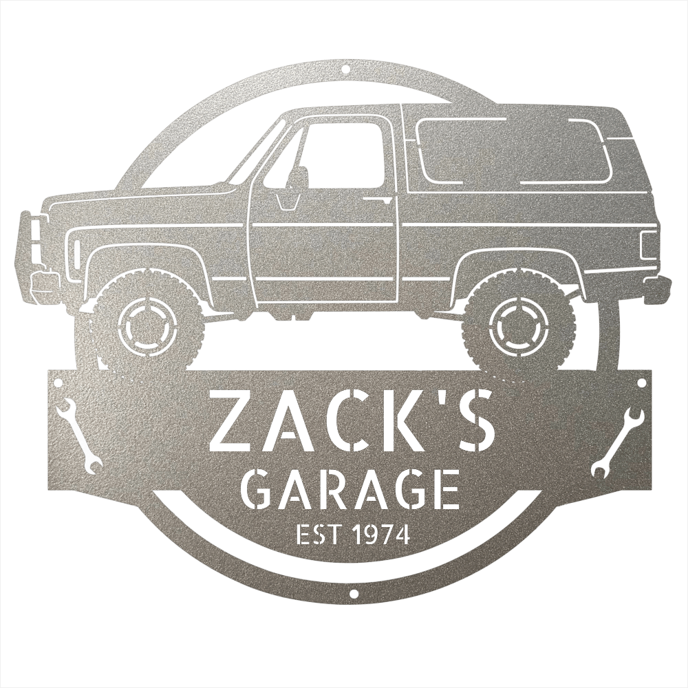 Steel Sign Silver / 12 1973 Chevrolet K5 Blazer Garage Sign | Personalized Squarebody Sign