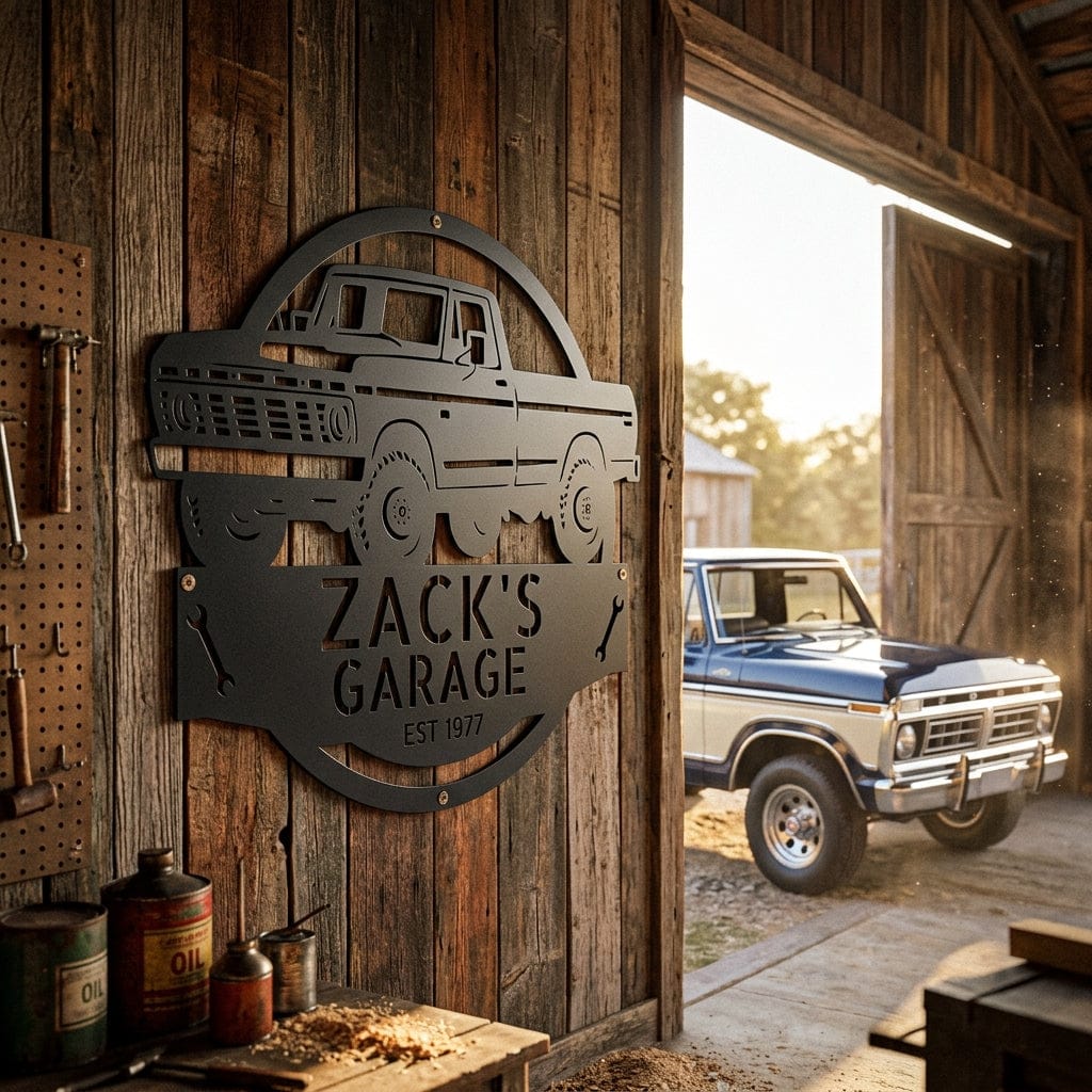 Steel Sign 1973 Ford F-100 Dad’s Garage Metal Sign – Classic Truck Wall Art for Dad’s Workshop